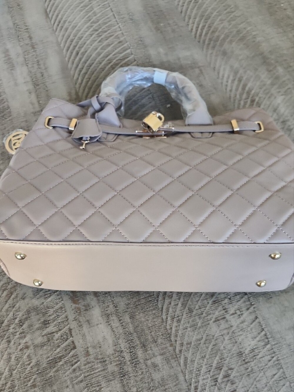 Badgley Mischka Quilted Taupe Satchel with Gold Hardware - Picture 9 of 11